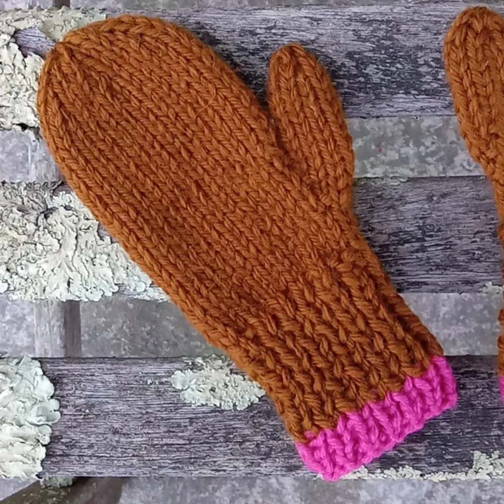 Hand Crafted 100% Wool Handknit Girls Brown & Pink Stripe Mittens 2-4 Years